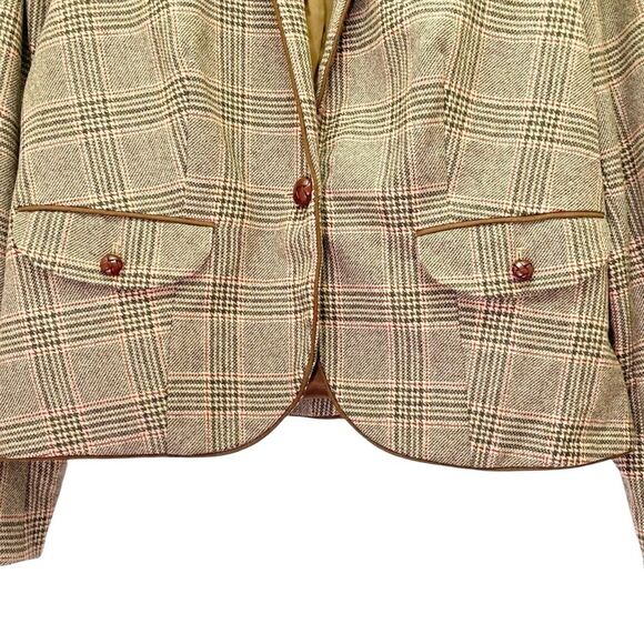 Lands End Glen Plaid Single Button Blazer Tan & Brown Leather Buttons Size 16 - Picture 5 of 15